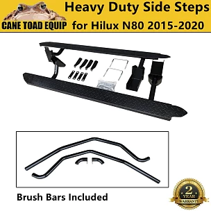 Image of Heavy Duty Steel Side Steps Rock Slider+Brush Bars for Toyota Hilux N80 2015-2020 Dual Cab